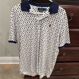 Polo by Ralph Lauren White Polo Shirt with Navy Collar & Navy Micro-Pattern